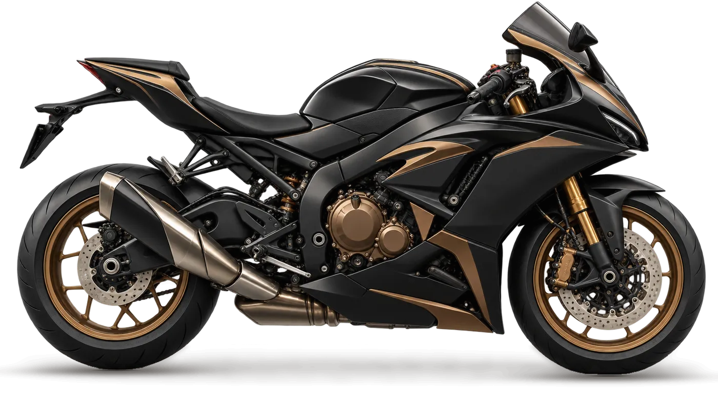 Black and bronze sport motorcycle, side view